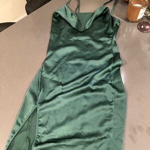 PrettyLittleThing Forest Green Satin Split Dress
